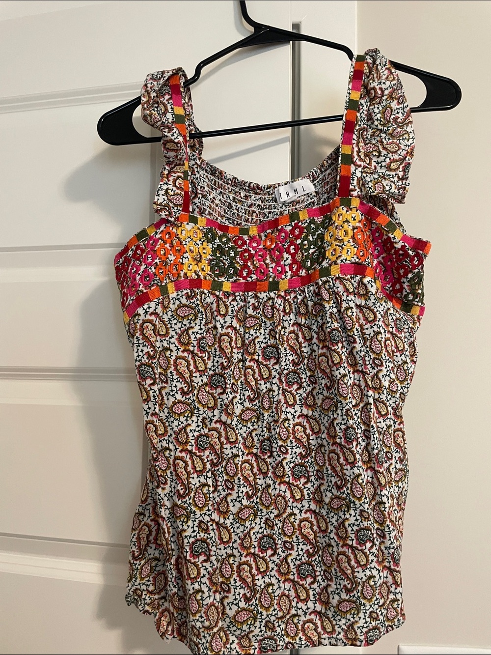 THML Paisley Smocked Tank Top in White, Pink, Orange and Green